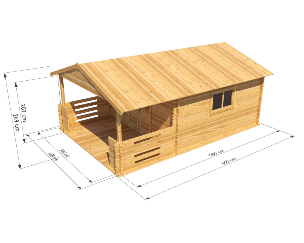 Wizualizacja drewnianego domku Heidi od Domki Sauny z podanymi wymiarami. Wymiary chaty: 600 cm długości, 500 cm szerokości, 269 cm wysokości, z werandą o długości 400 cm i szerokości 300 cm