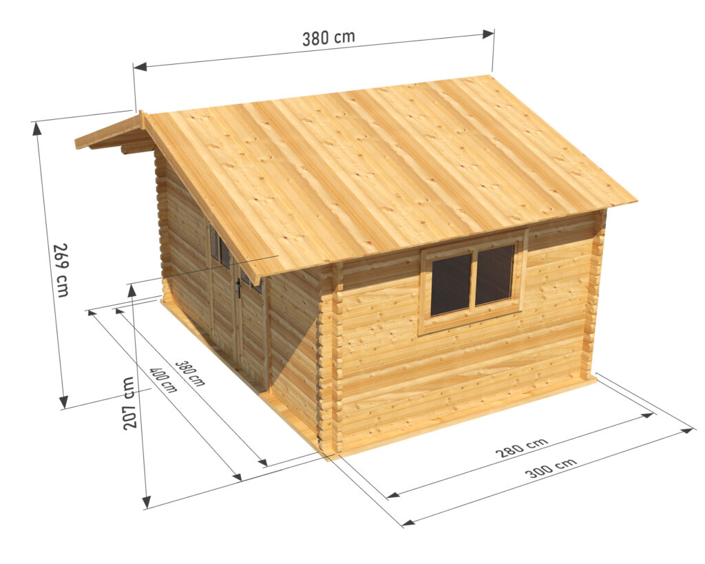 Wizualizacja domku Max od Domki Sauny z podanymi wymiarami