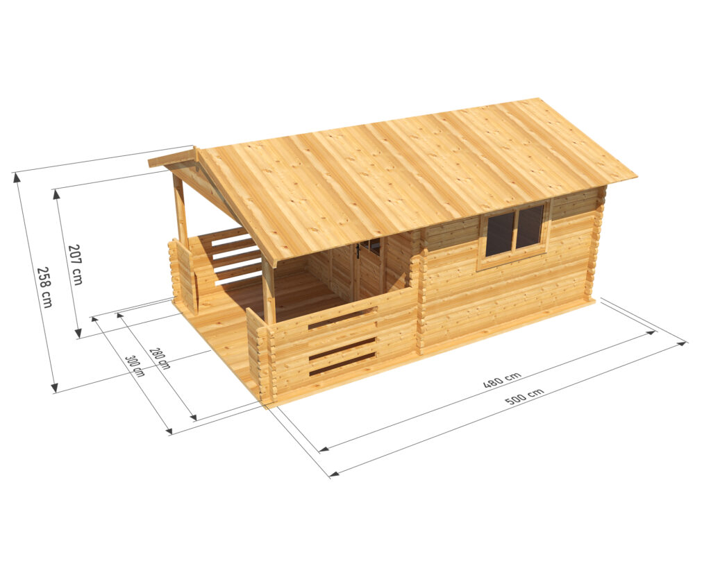 Wizualizacja drewnianej chaty o nazwie Zuzia od Domki Sauny z podanymi wymiarami. Chata ma długość 500 cm, szerokość 300 cm, a wysokość 250 cm. Na rysunku pokazane są szczegółowe wymiary konstrukcji.
