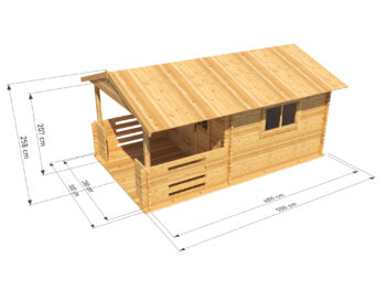 Wizualizacja drewnianej chaty o nazwie Zuzia od Domki Sauny z podanymi wymiarami. Chata ma długość 500 cm, szerokość 300 cm, a wysokość 250 cm. Na rysunku pokazane są szczegółowe wymiary konstrukcji.