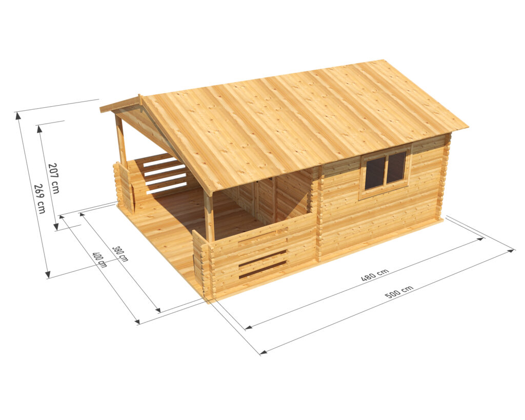 Wizualizacja drewnianej chaty o nazwie Zuzia od Domki Sauny z podanymi wymiarami. Chata ma długość 500 cm, szerokość 400 cm, a wysokość 250 cm. Na rysunku pokazane są szczegółowe wymiary konstrukcji.